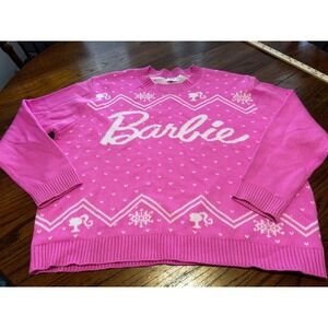 Barbie Pink Fair Isle Holiday Knit Sweater Womens Large Snowflake Logo Mattel